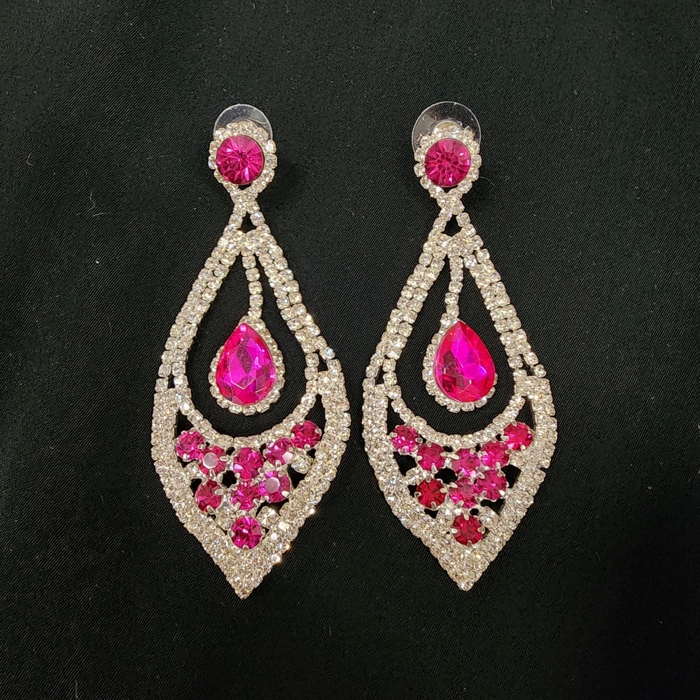 Pink & Silver Drop Chandelier Earrings Prom Statement Formal